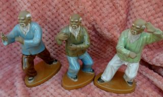 Vtg Set Of Three Asian Chinese Tai Chi Mudman Monk Martial Arts Figures Statues