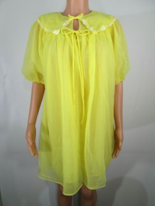 Vtg Gm Nightgown 2 Piece Set Yellow Medium Chiffon Sheer Floral Trim Union Made