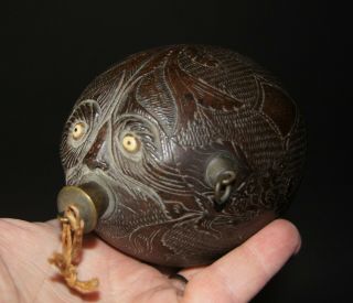V Fine Antique 19c Georgian Sailor Carved Coconut Bugbear Powder Flask Treen