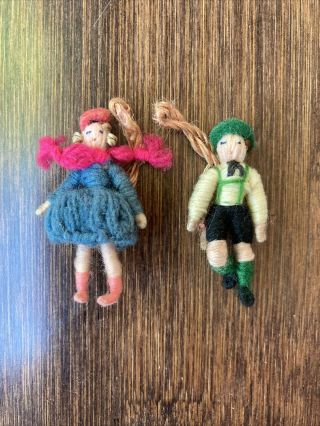 Vintage Halfpenny Miniature Yarn Dolls Lederhosen Man And Woman Wearing Hats