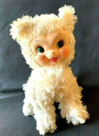 Vintage Rushton Rubber Face Kitty Cat White Fluffy Kitten Plush Green Eyes 10 "