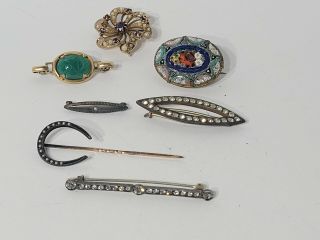 7 Antique Pins - Gold Filled - Sterling - Stones - Micro Mosaic - 1 In To 2 In - Nr