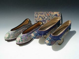 Group Of Antique Chinese Embroidered Silk Shoes And A Wallet