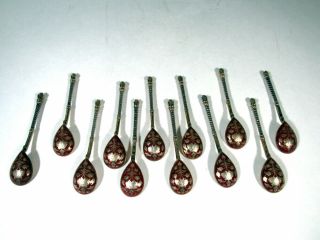 Set Of 12 Antique Russian 84 Sterling Silver & Enamel Demi Spoons