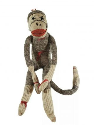 Vintage 1950s Red Heel Sock Monkey Doll 24 " Stuffed Plush Retro Folk
