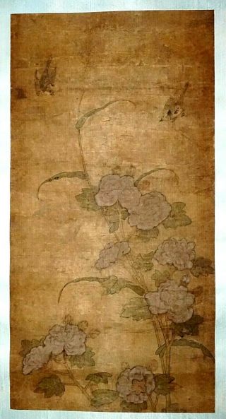 17c Chinese Ming Dynasty Silk Painting Scroll Two Birds And Flowers (fla) 41