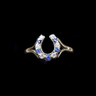 Antique Victorian Diamond And Sapphire Lucky Horseshoe Equestrian 18ct Gold Ring