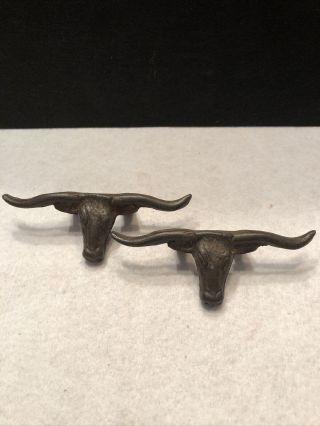 Vintage Embossed Steer Head Cast Iron Drawer Pulls Set Of 2 Texas Long Horn