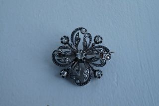 Antique French Victorian 18k Gold Silver Rose Cut Diamond Brooch