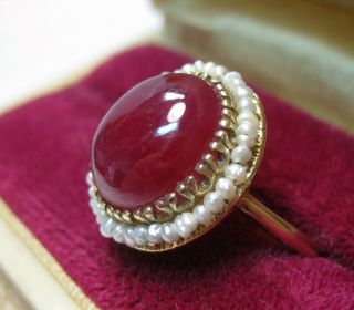 Estate Gorgeous Antique Retro Big Lipstick Red 8ct Ruby Seed Pearl 10k Gold Ring