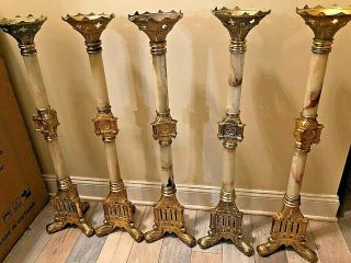 5 Gorgeous Antique French Gothic Alabaster Catholic Church Altar Candle Sticks
