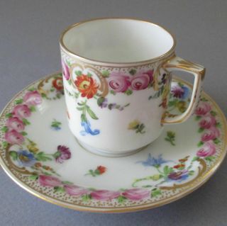 Antique Dresden Hp Porcelain Demitasse Cup,  Saucer Flowers Pink Roses Gilt Trim