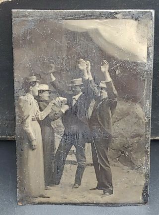Antique Tintype Photo - Two Women With Guns / Pistols Sticking Up Two Men