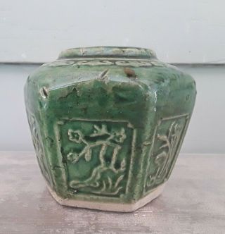 Antique Chinese Green Ceramic Hexagonal Ginger Jar With Floral Pattern