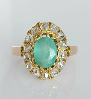 Antique Victorian 18ct Gold 1.  50ct Emerald & Rose Cut 0.  84ct Diamond Ring Uk P/q