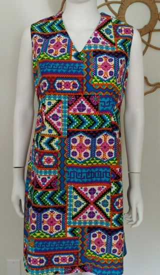 Vintage 60s 70s Retro Sleeveless Mod Retro Hippie Print Shift Festival Dress L
