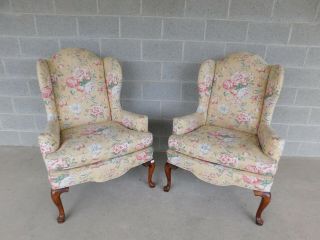 Ethan Allen Queen Anne Style Wing Back Chairs - A Pair