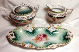 Antique Rs Prussia Porcelain Cream & Sugar & Celery Tray Gold Red Mark