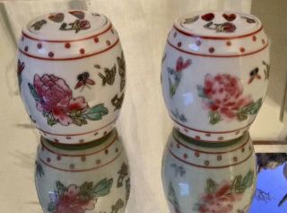 Set - Antique Vtg Chinese Hand - Painted Porcelain Condiment Salt Lotus Signed Asian