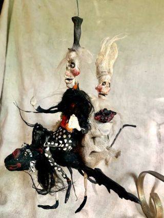 Handmade Creepy Halloween Skelly Bride And Groom Riding Bat 9”