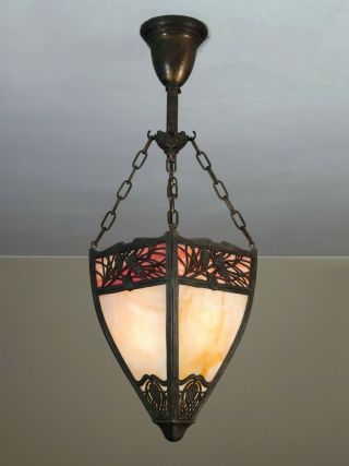Outstanding Antique Slag Glass Light Fixture With Pine Needle Design Tiffany