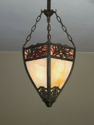 OUTSTANDING Antique Slag Glass Light Fixture with Pine Needle Design Tiffany 2
