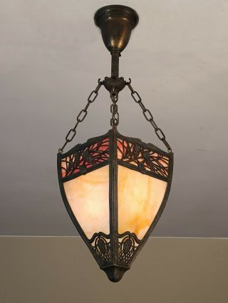 OUTSTANDING Antique Slag Glass Light Fixture with Pine Needle Design Tiffany 4