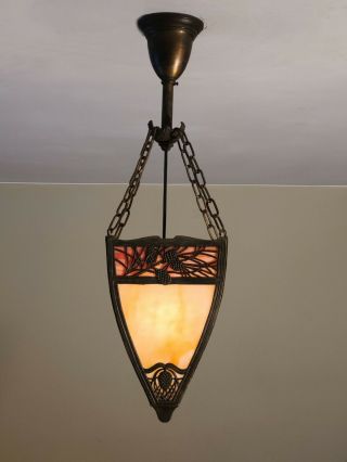 OUTSTANDING Antique Slag Glass Light Fixture with Pine Needle Design Tiffany 5