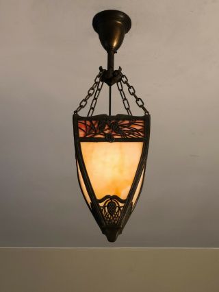 OUTSTANDING Antique Slag Glass Light Fixture with Pine Needle Design Tiffany 6