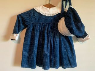 Vintage Baby Girl Dress Blue Polka Dot Eyelet Lace Fully Lined With Bonnet 24 Mo