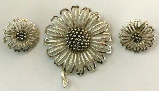 Vintage Sarah Coventry Set Sunflower Pin Brooch Clip Earrings Gold Tone Antiqued
