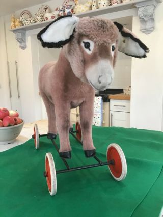 Antique Vintage Steiff Donkey On Wheels,  Steiff Ride On Push Along Toy Donkey,  Ids