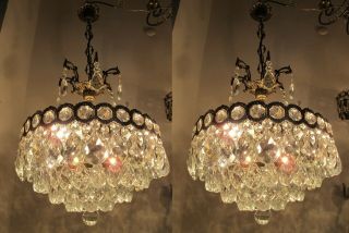 A Pair Antique Vnt French Big Basket Style Crystal Chandelier Lamp 1940 