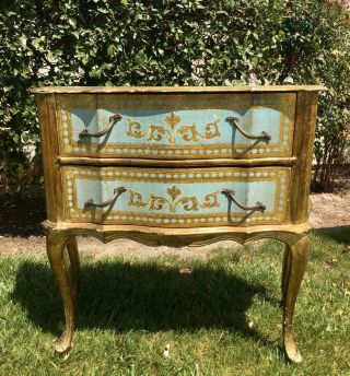 Vintage Italian Florentine Gold Gilt Tiffany Blue Wooden Accent Table W/ Drawers