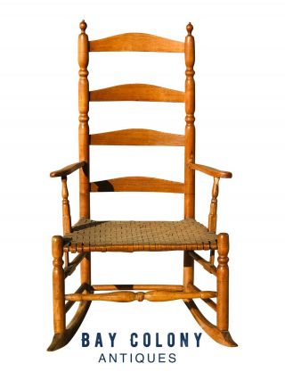18th C Antique Queen Anne Ladder Back Rocking Arm Chair W/ Splint Seat