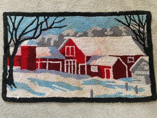 Antique Folk Art Hand Hooked Rug Red Barn Farm Winter Scene 35 " X 21 "