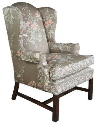 Vintage Silk Chippendale Style Wingback Arm Chair Club Library Accent Bird Motif