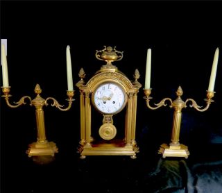 N917 Large Antique French Bronze Brass Portico Mantle Clock Garniture