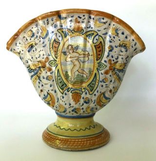 Antique Deruta? Hand Painted 7 - Hole Cupid Majolica Fan - Shaped Tulip Vase Signed