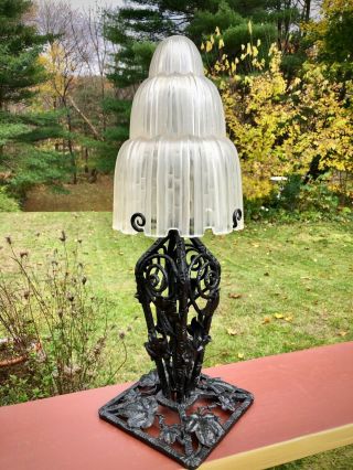 Antique French Art Deco Sabino Waterfall Art Glass Shade Wrought Iron Lamp