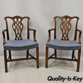 Vintage Georgian Chippendale Carved Mahogany Dining Captains Arm Chairs - Pair A