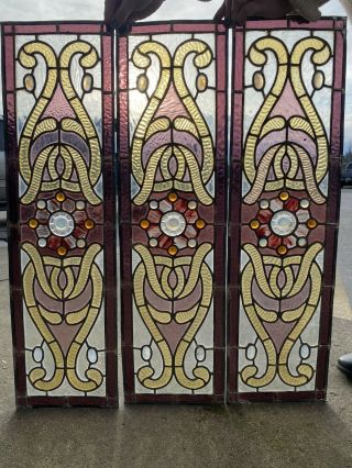 3 Antique Leaded Stained Glass Window Victorian Era