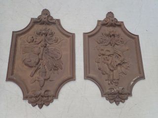 2 Antique Cast Iron Theater Wall Plaques Jester & Tambourine Sickle & Wheat
