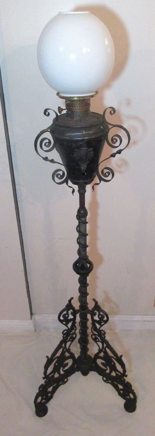 antique ornate 1878 Victorian Bradley Hubbard B&H cast iron floor oil lamp brass 2