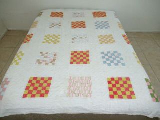 Washed Many Times Very Thin Vintage Checkerboard Feed Sack Quilt; 81 " Sq
