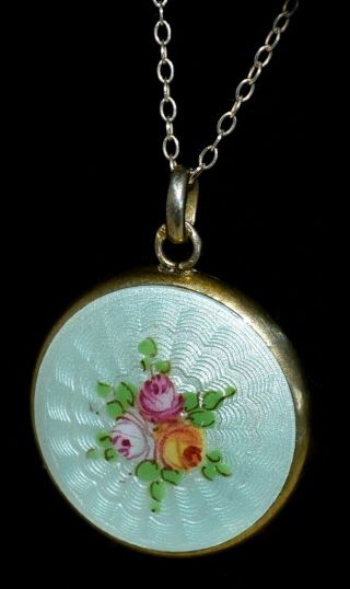 Pretty Antique Sterling Silver/enamel Guilloche Hand Painted Pendant