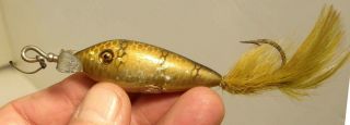 Vintage Heddon Dowagiac Feather Tail Fishing Lure Wood Glass Eyes 2 1/4 "