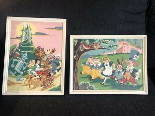 Vintage Paint By Number Alice In Wonderland Wizard Of Oz Set Of 2 Framed Decor