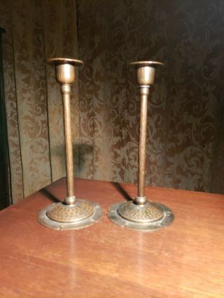 Pair (2) Antique Roycroft Hammered Copper Candlesticks 8 " - Marks