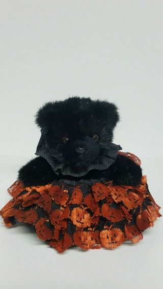 Vintage Halloween Plush Stuffed Black Teddy Bear With Lace Pumpkin Dress 8 "